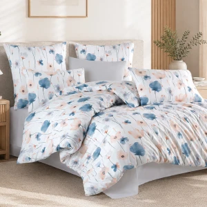 Pościel bawełniana 160x200 Romance biała w niebieskie i pomarańczowe kwiaty, Cottonlove Exclusive