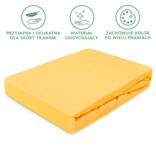 Prześcieradło jersey z gumką w kolorze żółtym, leżące na płaskiej powierzchni. Materiał jest gładki i elastyczny, idealnie dopasowujący się do materaca w rozmiarze 80x160. Na tkaninie widoczne są informacje dotyczące pielęgnacji i właściwości.
