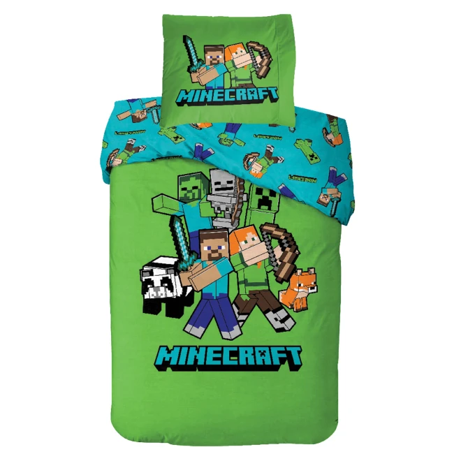 Pościel bawełniana 140x200 Minecraft zielona, młodzieżowa