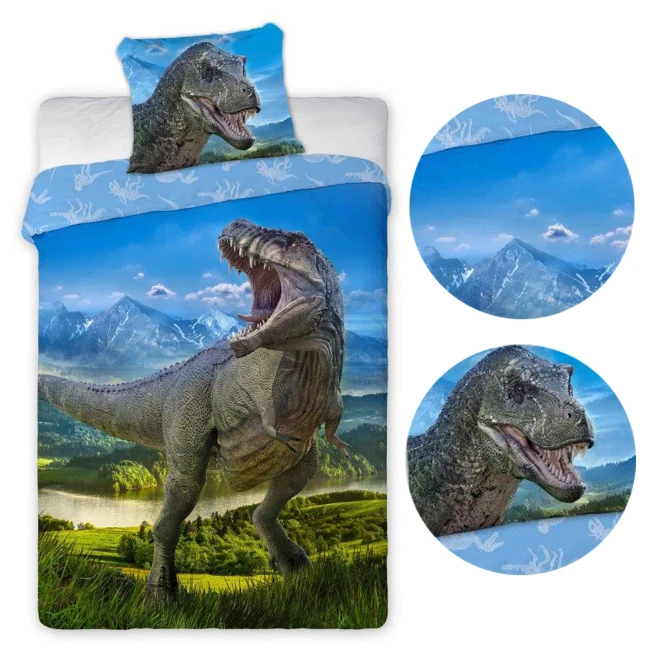  Pościel dziecięca z dużym dinozaurem T-rex na tle gór, jeziora i zielonego krajobrazu 