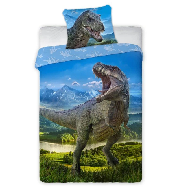 Pościel bawełniana 140x200 Dinozaur T-Rex, młodzieżowa, niebieska i zielona