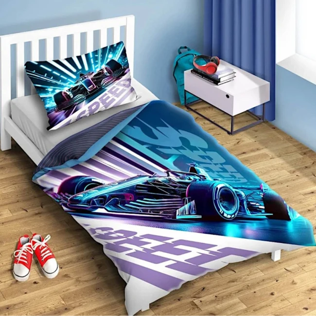 Pościel bawełniana 160x200 młodzieżowa, Bolid formuły F1, niebieska, dla chłopca