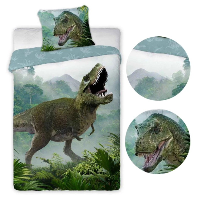  Pościel dziecięca z zielonym dinozaurem T-rex w tropikalnej dżungli i poszewką z głową dinozaura 