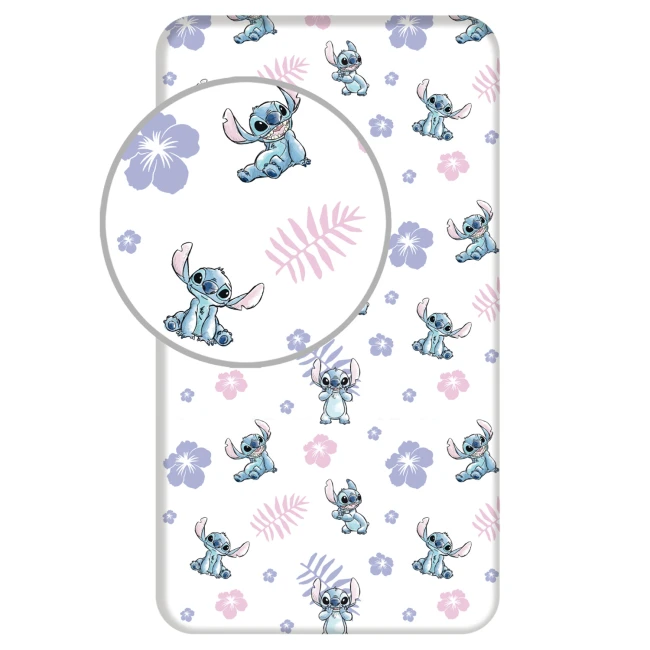 Prześcieradło bawełniane dziecięce z gumką 90x200 Lilo & Stitch, białe