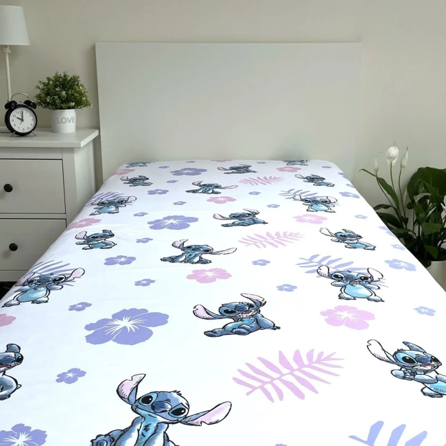Prześcieradło bawełniane dziecięce z gumką 90x200 Lilo & Stitch, białe