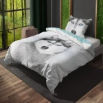 Pościel bawełniana 160x200 Pies Husky, młodzieżowa, biała, szara i niebieska
