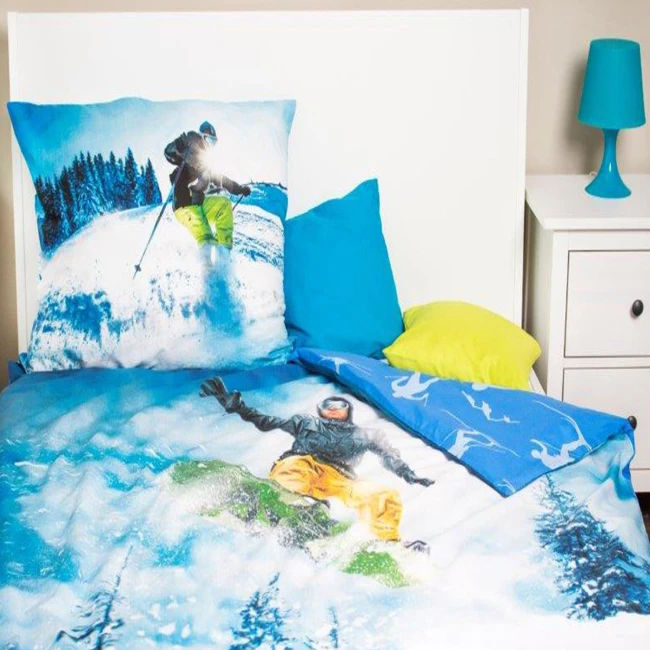 Pościel bawełniana 160x200 Snowboard, młodzieżowa, biała i niebieska