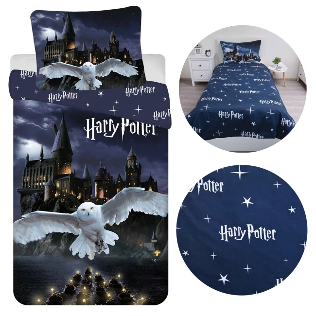  Granatowa pościel Harry Potter z zamkiem Hogwart, białą sową Hedwigą, nocnym niebem 