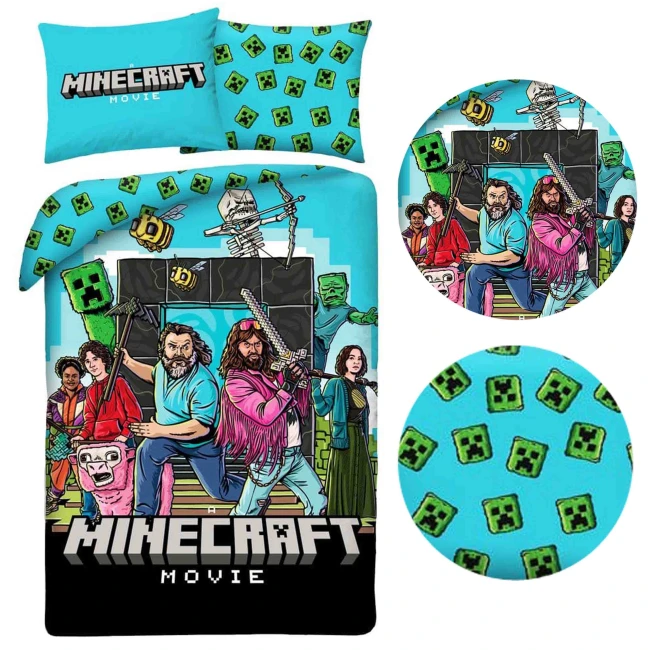  Turkusowa pościel Minecraft Movie z bohaterami filmu, Creeperami, szkieletem, pszczołami 