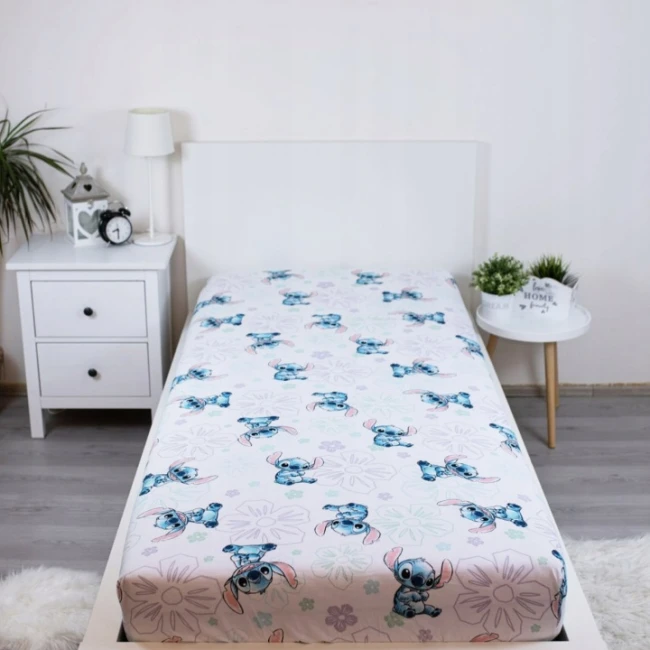 Prześcieradło bawełniane dziecięce z gumką 90x200 Lilo & Stitch, białe