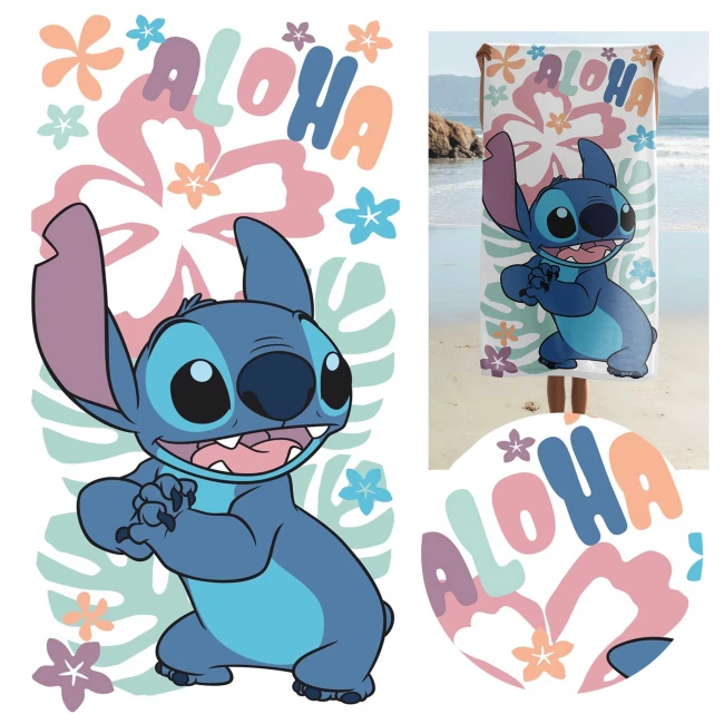  Jasny ręcznik dziecięcy Lilo i Stitch ze Stitchem, napisem Aloha, kolorowymi kwiatami 