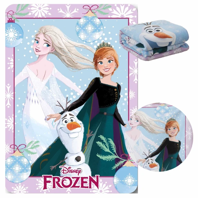  Jasny koc Kraina Lodu z Elsą, Anną, Olafem, płatkami śniegu, bombkami i logo Disney Frozen na pastelowym tle 