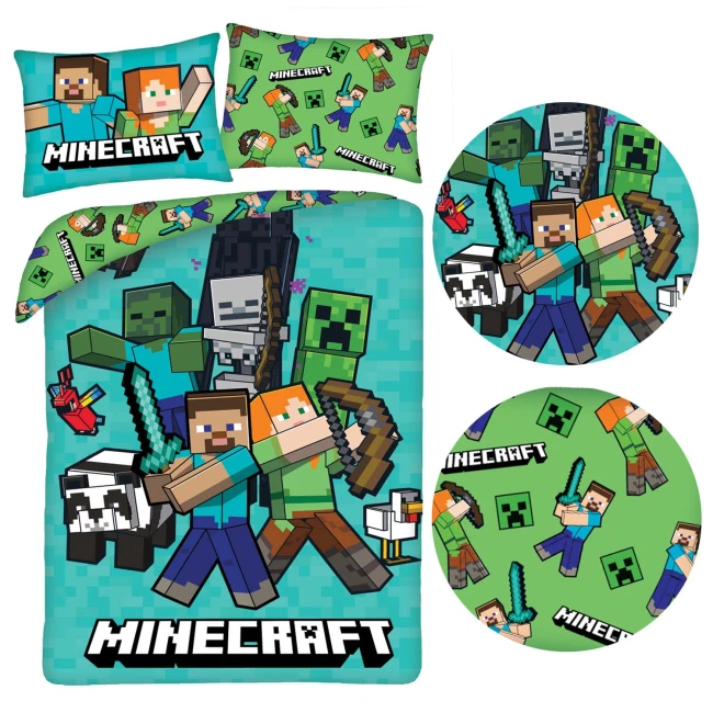  Turkusowa pościel Minecraft ze Stevem, Alex, Creeperem, szkieletem, zombie, pandą 