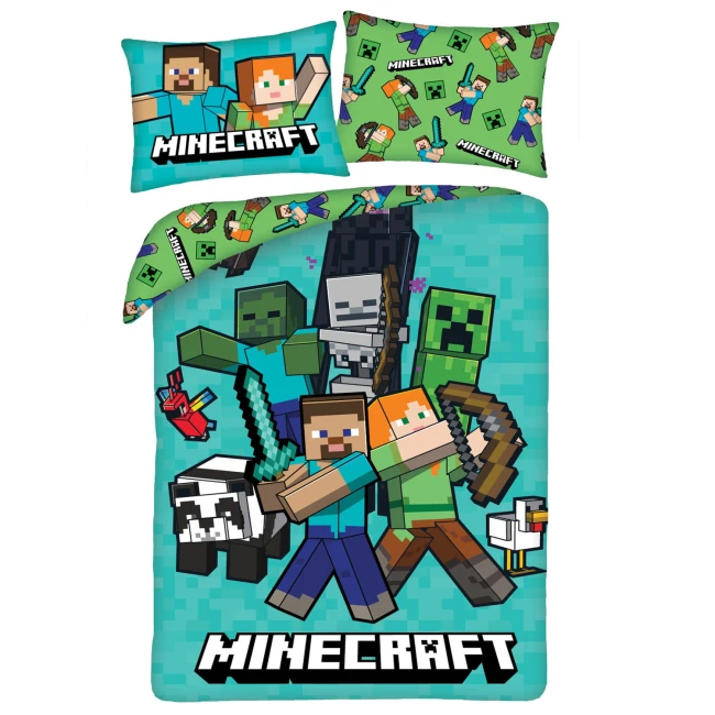 Pościel dziecięca 140x200 Minecraft, zielona, turkusowa