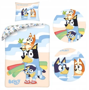 Pościel bawełniana dla dzieci 160x200 Bluey plaża, niebieska