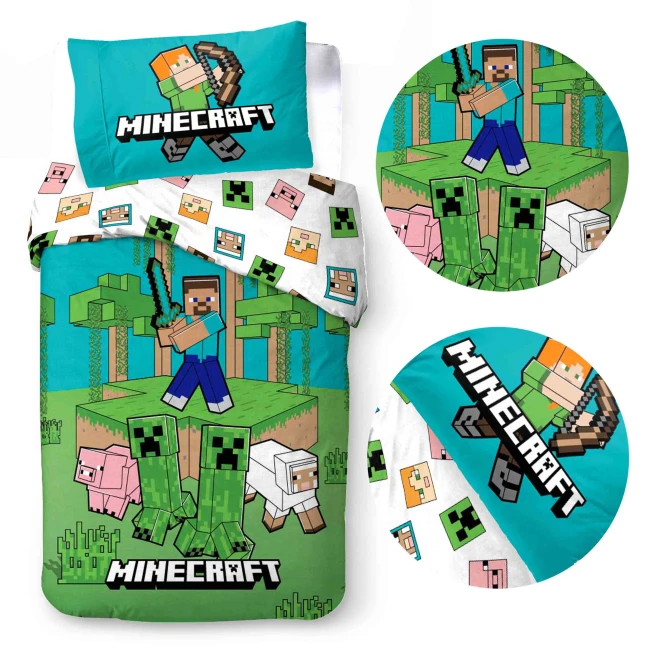  Zielono-turkusowa pościel Minecraft ze Stevem, Creeperami, świnką, owcą, pikselową dżunglą 