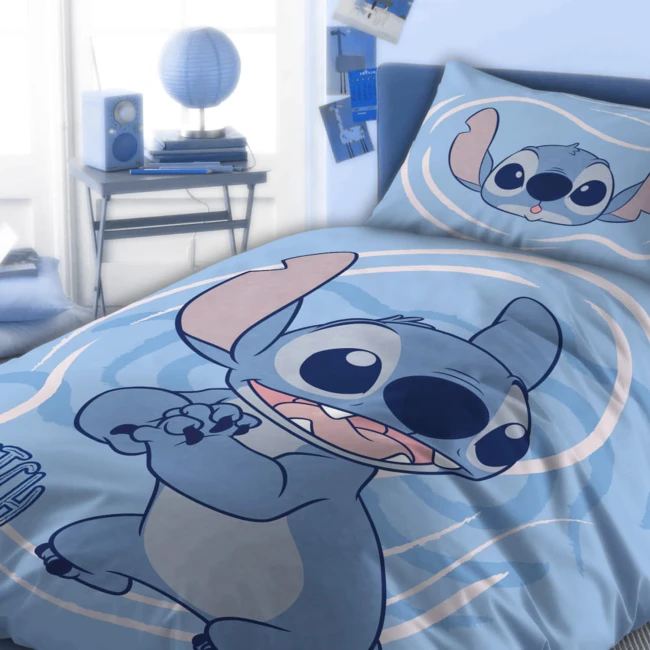 Pościel bawełniana dla dzieci 140x200 Lilo & Stitch, niebieska, dla chłopca