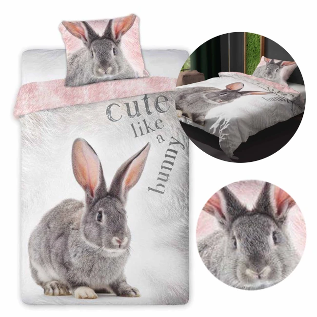  Jasna pościel dziecięca z dużym szarym króliczkiem, napisem cute like a bunny, różowym akcentem 