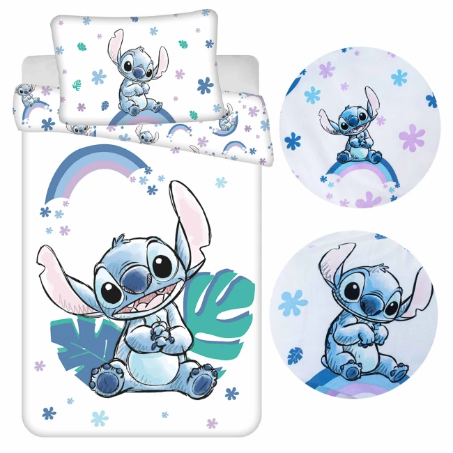  Biała pościel dziecięca Lilo i Stitch 100x135 ze Stitchem, pastelową tęczą, niebieskimi i fioletowymi kwiatkami 