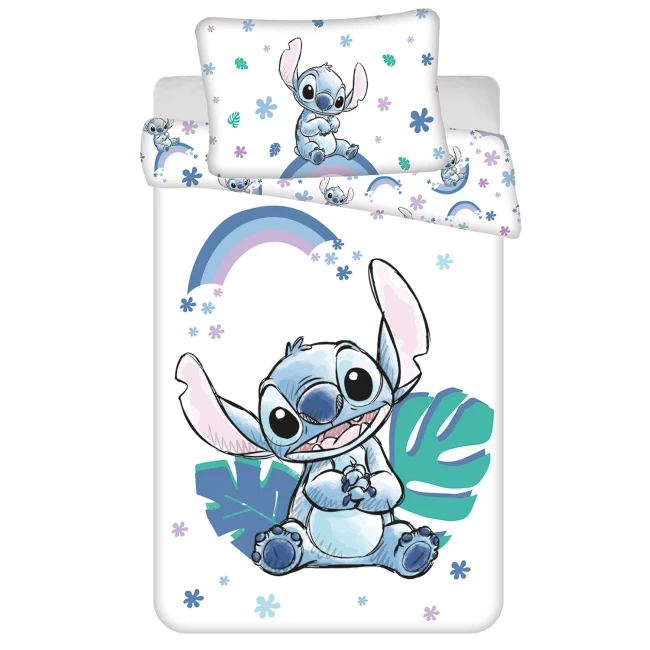 Pościel bawełniana 100x135 Lilo & Stitch, biała i niebieska, dla dzieci