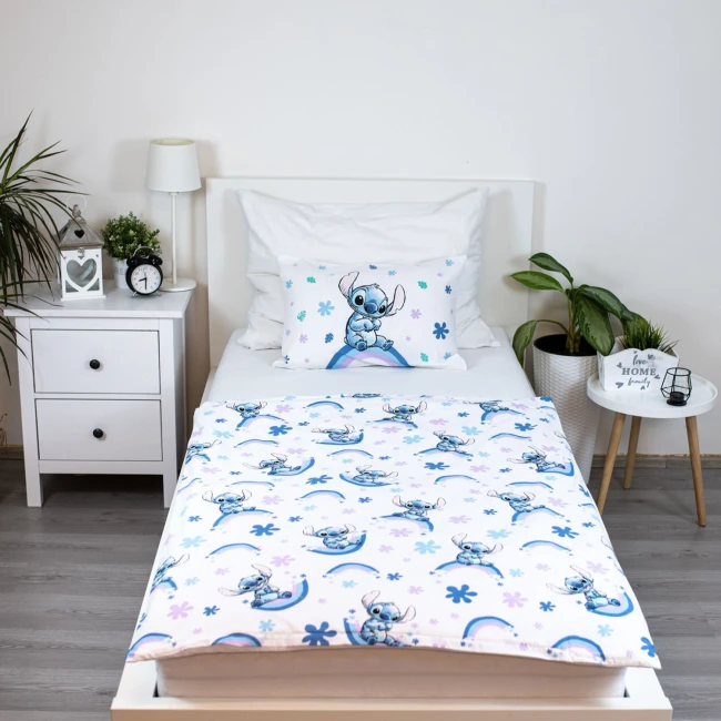 Pościel bawełniana 100x135 Lilo & Stitch, biała i niebieska, dla dzieci