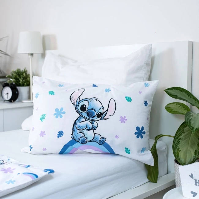 Pościel bawełniana 100x135 Lilo & Stitch, biała i niebieska, dla dzieci