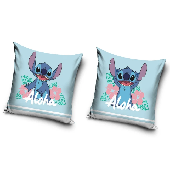  Błękitna dwustronna poszewka Stitch z różowymi kwiatami i napisem Aloha 