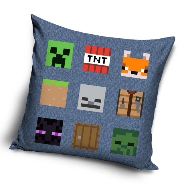  Szara poszewka Minecraft z pikselowymi ikonami postaci i bloków z gry 