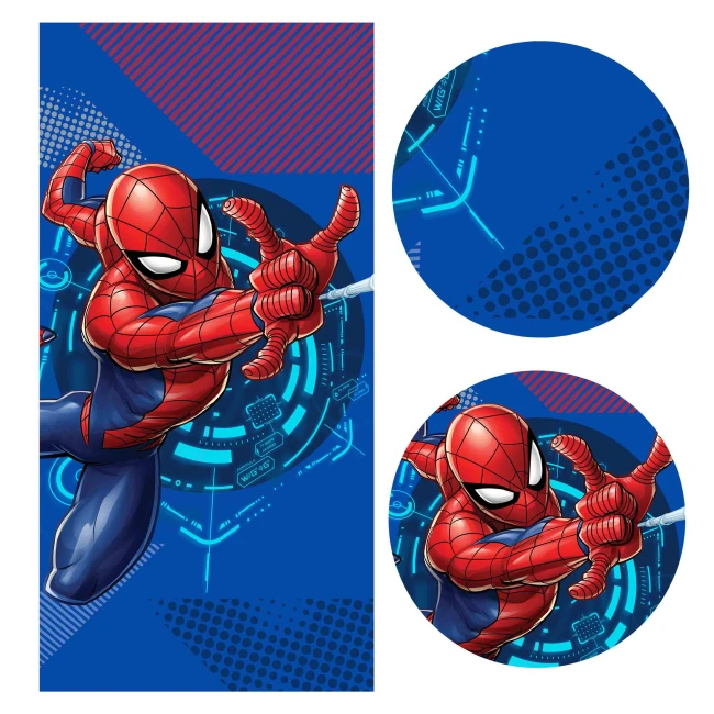  Niebieski ręcznik Spider-Man z czerwonym bohaterem i futurystycznym wzorem 