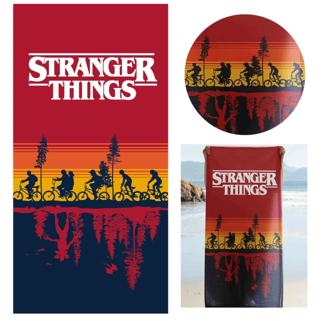  Czerwono-granatowy ręcznik Stranger Things z białym logo i sylwetkami na rowerach 
