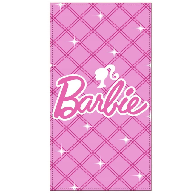  Różowy ręcznik Barbie z białym logo, kratką i błyszczącymi detalami 