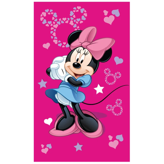  Różowy ręcznik Minnie Mouse z serduszkami, gwiazdkami i dużą kokardą 
