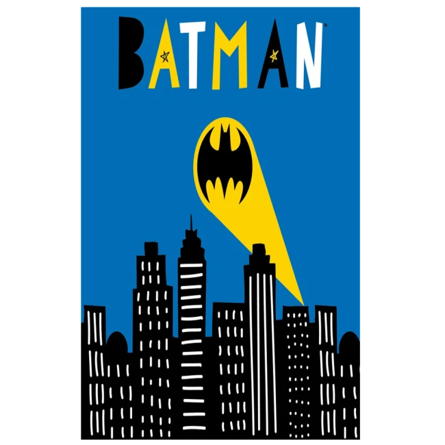  Niebieski ręcznik Batman z żółtym sygnałem nietoperza i czarnym miastem 