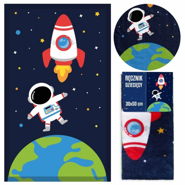  Granatowy ręcznik dziecięcy z rakietą, astronautą i planetą 