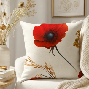 Poszewka satynowa 40x40 Satynlove Premium Polny czerwony kwiat, kremowa