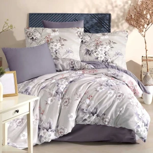 Pościel satyna bawełniana 220x200 Luxury Alenya, szara w kwiaty