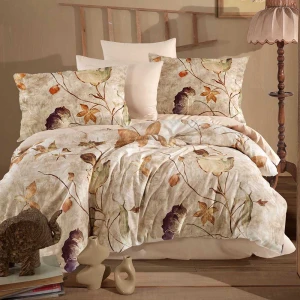 Pościel satyna bawełniana 160x200 Luxury Lumina, beżowa w kwiaty i liście