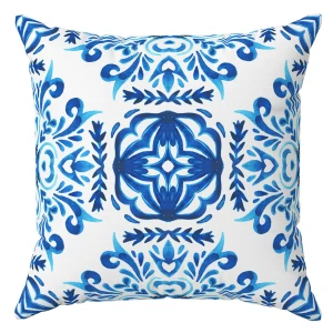 Poszewka dekoracyjna 43x43 niebieska i biała, w ornament alfa