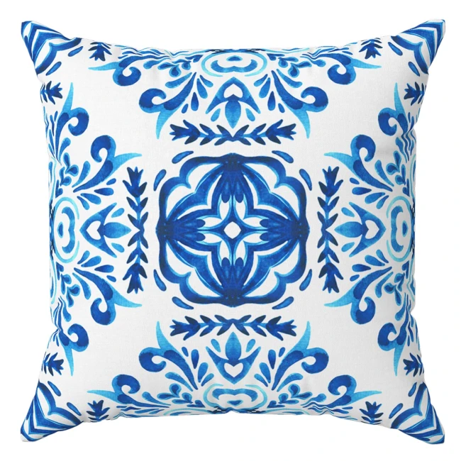  Niebiesko-biała dekoracyjna poszewka na poduszkę 43x43 cm, pasuje na poduszkę 40x40 cm, w piękny ornament 