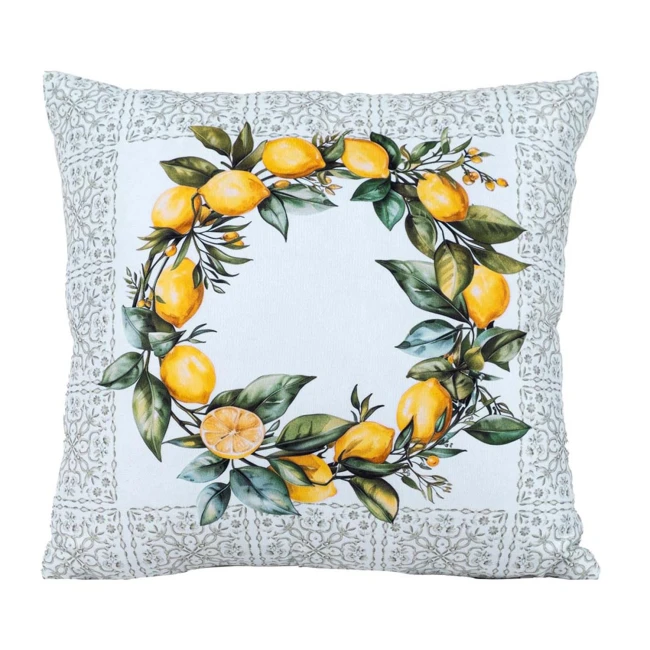  Biała dekoracyjna poszewka na poduszkę 43x43 cm, pasuje na poduszkę 40x40 cm, w żółte cytryny i zielony delikatny ornament 