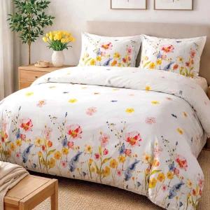 Pościel flanelowa 140x200 Bellis White, biała w kolorowe kwiaty, Flanelove