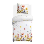 Pościel flanelowa 140x200 Bellis White, biała w kolorowe kwiaty, Flanelove