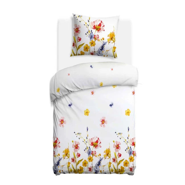 Pościel flanelowa 140x200 Bellis White, biała w kolorowe kwiaty, Flanelove
