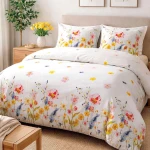 Pościel flanelowa 180x200 Bellis White, biała w kolorowe kwiaty, Flanelove