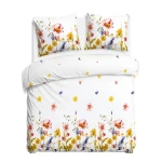 Pościel flanelowa 220x200 Bellis White, biała w kolorowe kwiaty, Flanelove
