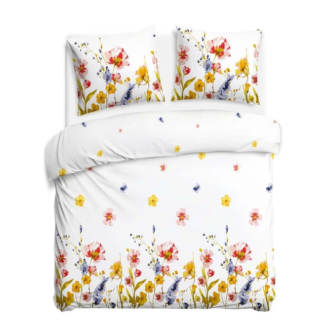 Pościel flanelowa 220x200 Bellis White, biała w kolorowe kwiaty, Flanelove