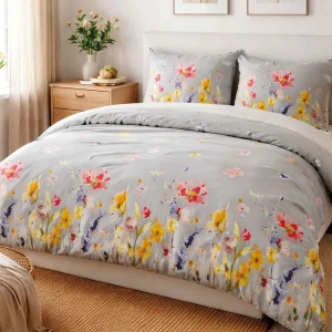 Pościel flanelowa 140x200 Bellis Grey, szara w kolorowe kwiaty, Flanelove