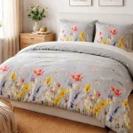 Pościel flanelowa 180x200 Bellis Grey, szara w kolorowe kwiaty, Flanelove