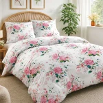 Pościel flanelowa 140x200 Amelia Pink, biała w różowe kwiaty, Flanelove