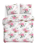 Pościel flanelowa 220x200 Amelia Pink, biała w różowe kwiaty, Flanelove